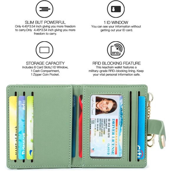 New Women's Green Slim RFID Bifold Wallet Zipper Pocket, ID Window & Keychain - Picture 6 of 8